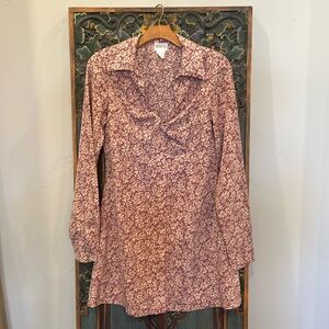 Floral Knotted Long Sleeve Collared Button Up Mini-ish Dress Pink/Cream Size 6